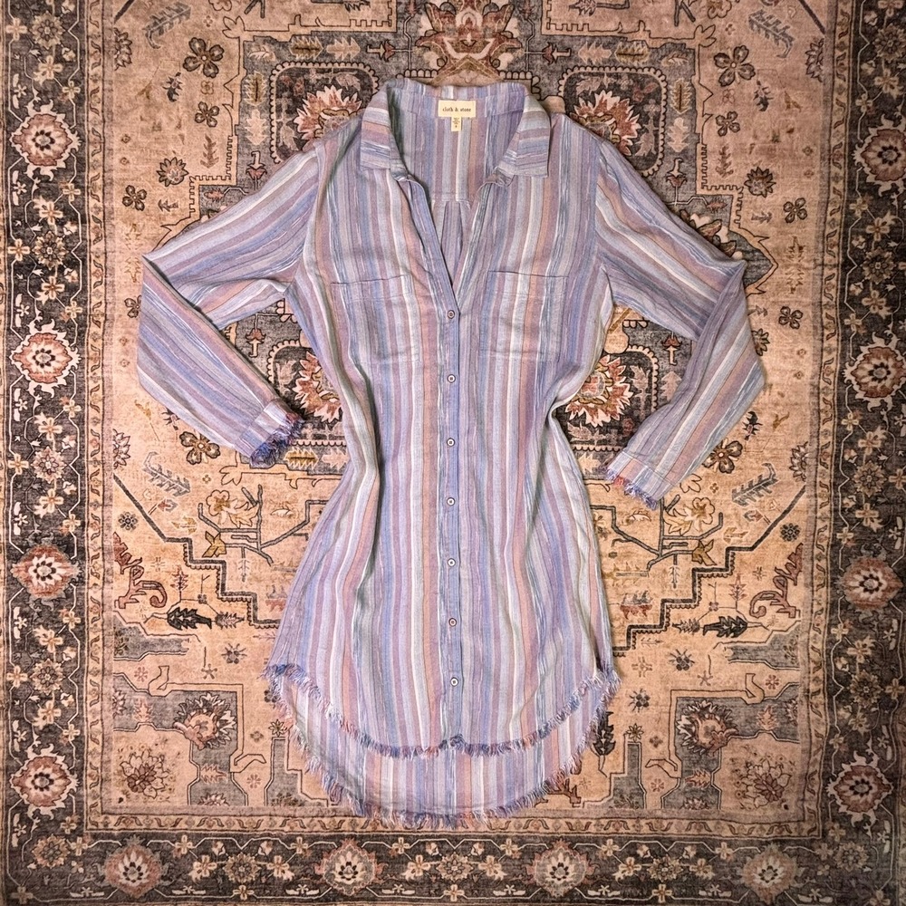 Cloth & Stone Striped Linen Blend Fringe Hem Shirt Dress Small Fall Comfort Midi